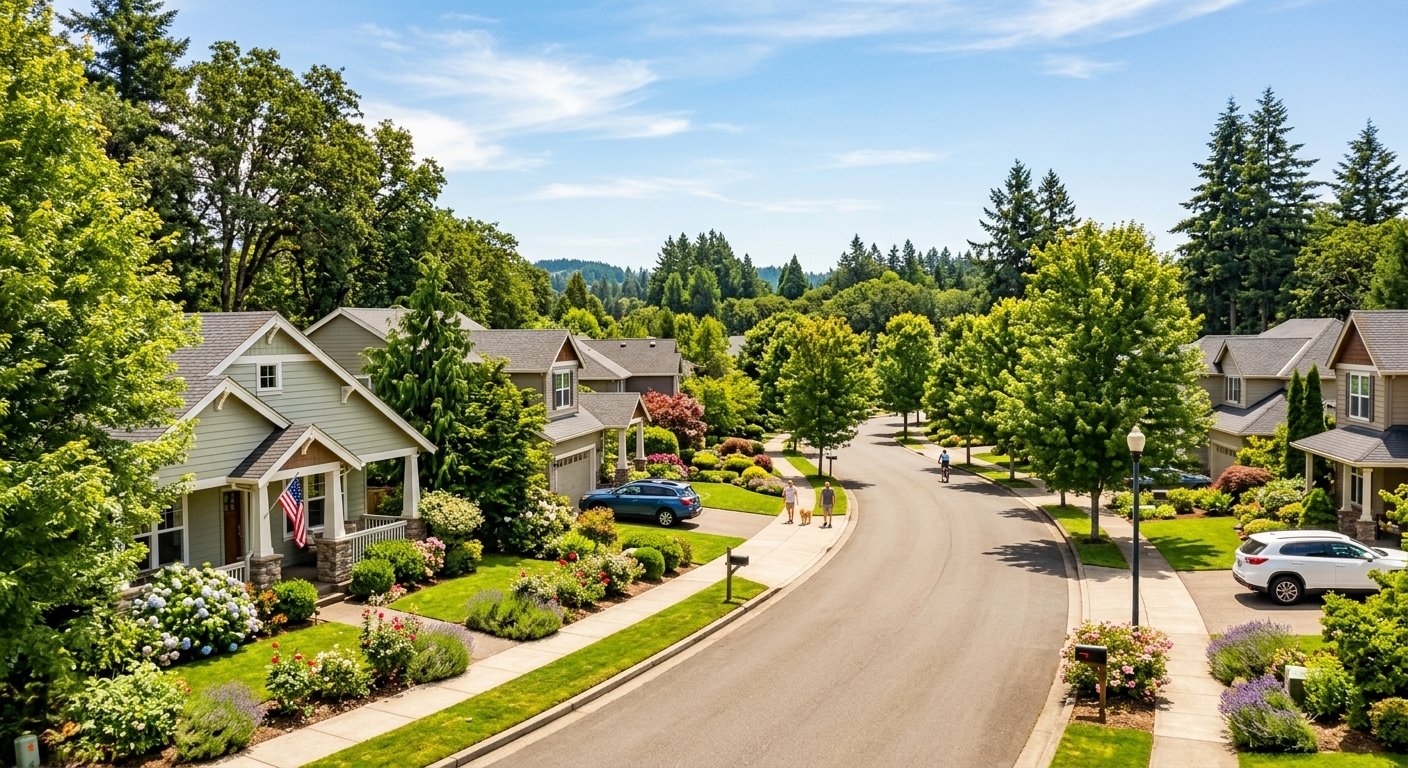 Sunny residential neighborhood street in Beaverton Oregon during mid-year real estate market review