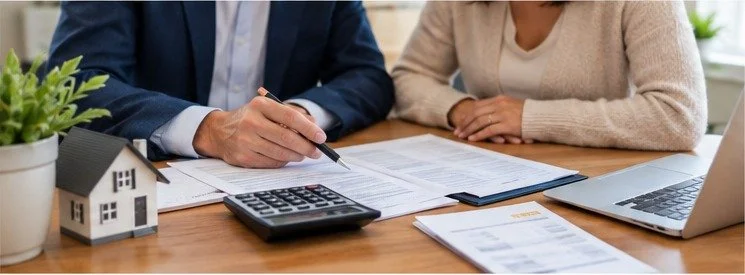 Homeowner reviewing property documents and financial information while planning a move