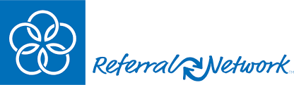 Logo of Referral Network with interconnected design and blue text