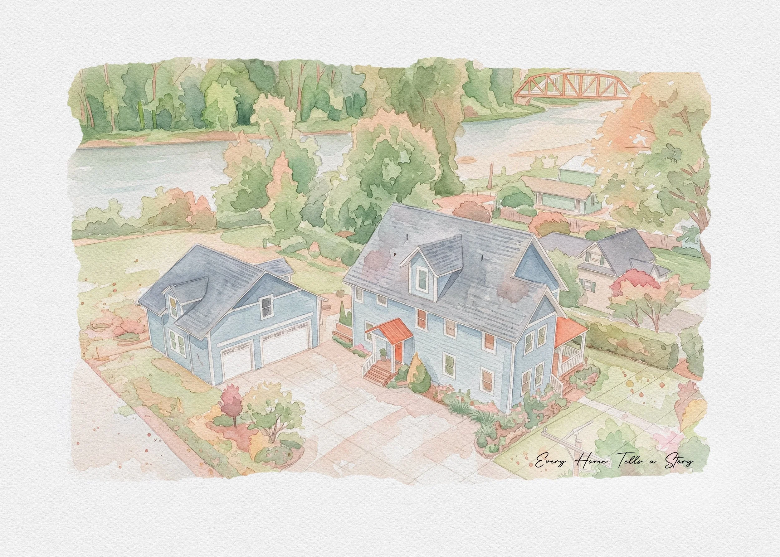 Custom watercolor illustration of a blue two-story home with a detached garage and red roof accents near a river in Jefferson, Oregon, with the caption 'Every Home Tells a Story' in the bottom corner.