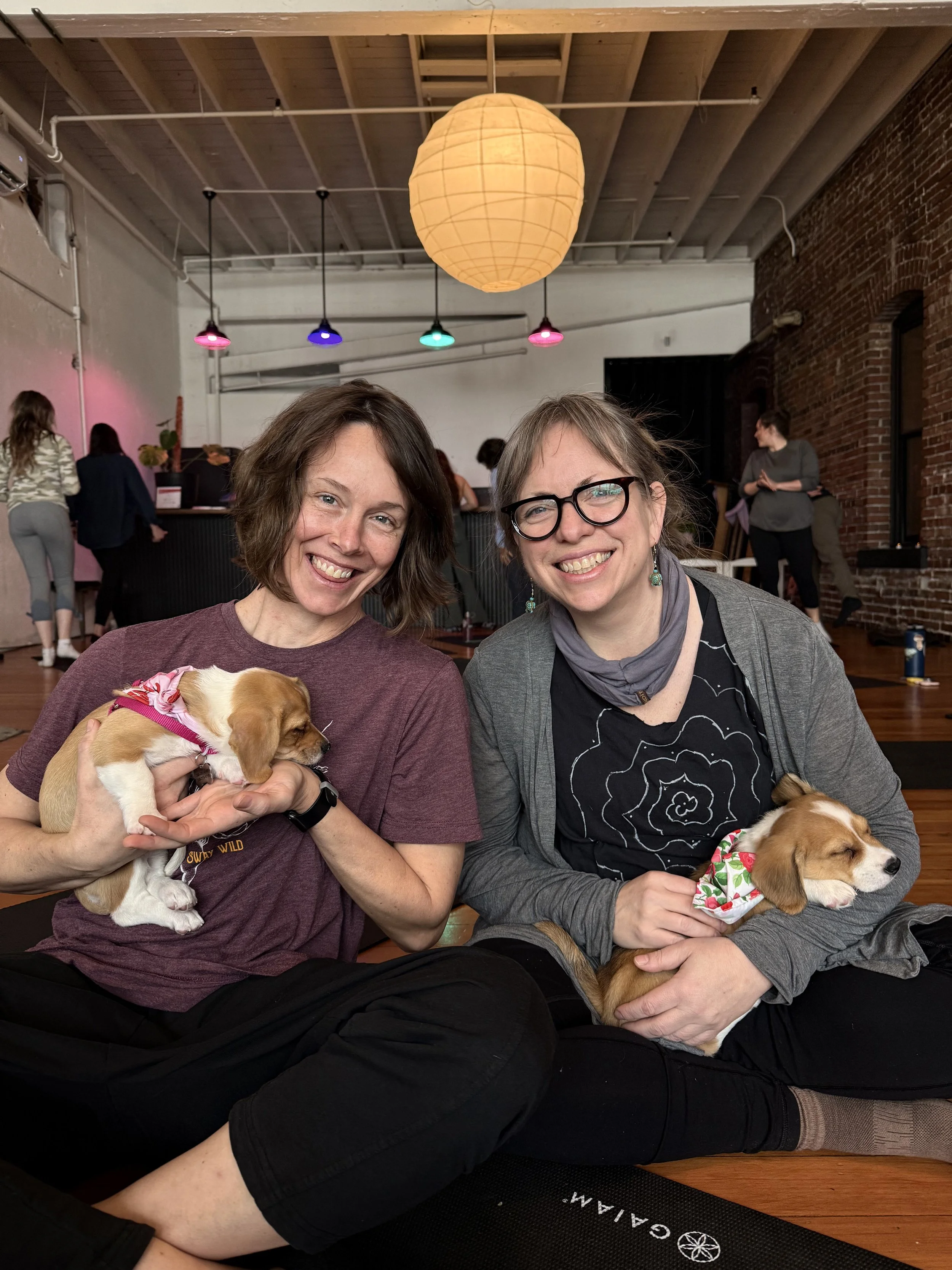 Friends and clients posing with puppies at the Puppy Yoga 2026 VIP event in Portland, OR