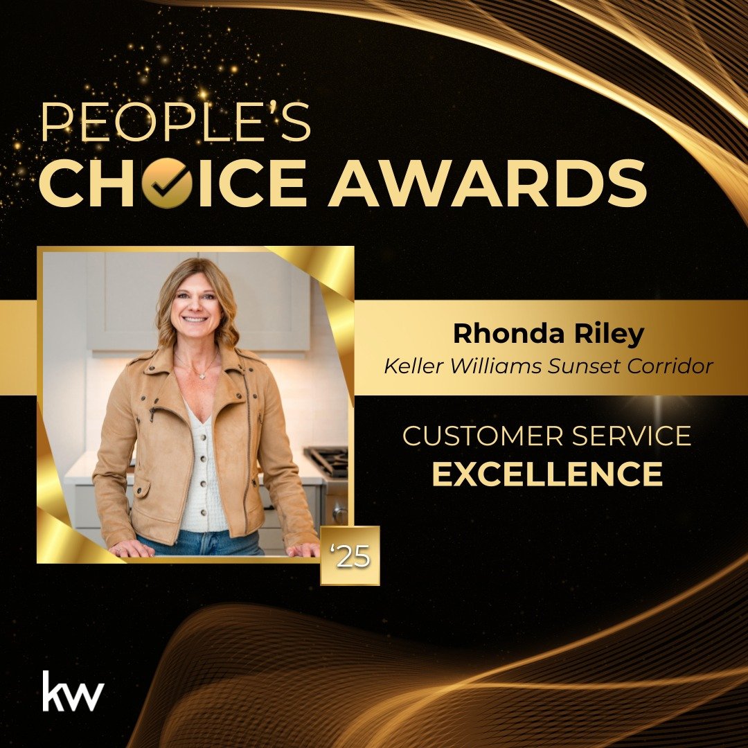 Certificate recognition for Rhonda Riley from Keller Williams Sunset Corridor in the People's Choice Awards for Customer Service Excellence in 2025. Rhonda Riley smiling, care for clients first