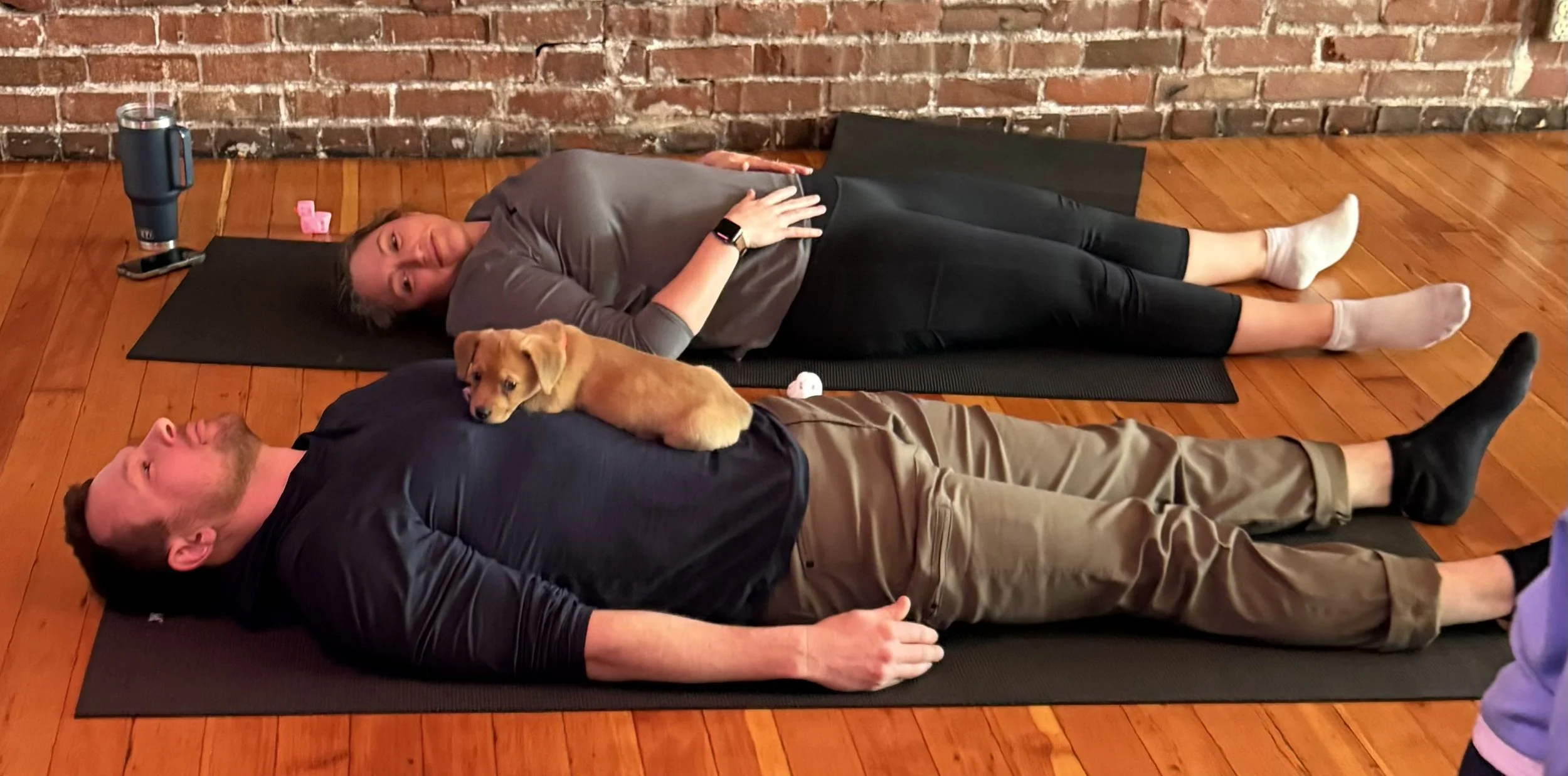 VIP clients and referrals enjoying Puppy Yoga 2026 with puppies in Portland, OR