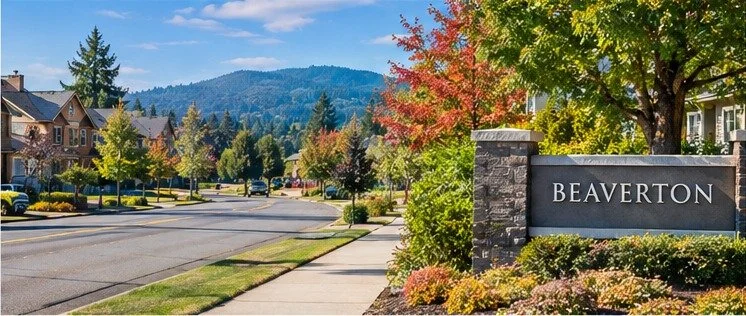 Alt text #5:  `Tree-lined residential street with suburban homes in Beaverton, Oregon.