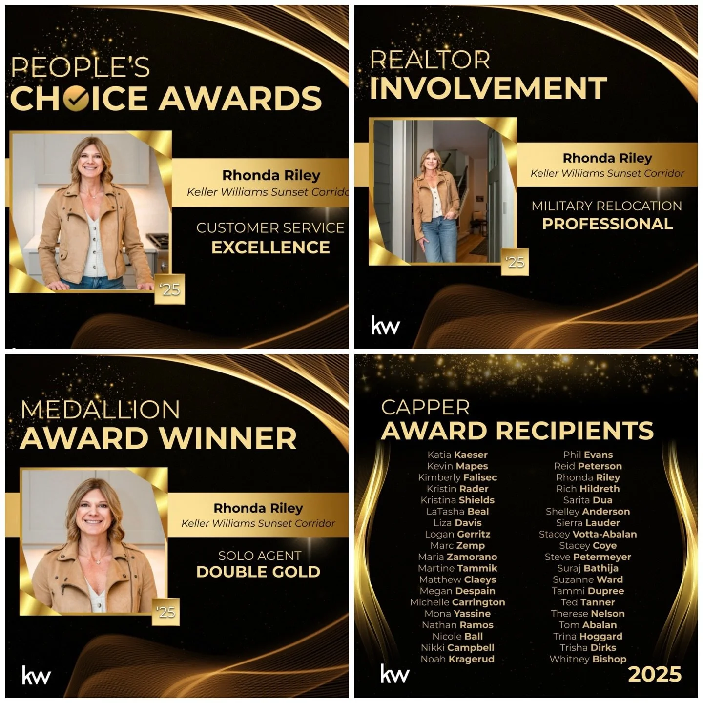 award announcementRhonda Riley receiving a People's Choice Award for Customer Service Excellence at Keller Williams Sunset Corridor. Realtor Involvement recipient for Military Relocation Professional. Rhonda Riley as a Medallion Award Winner for Solo Agent Double Gold. Capper Award Recipient