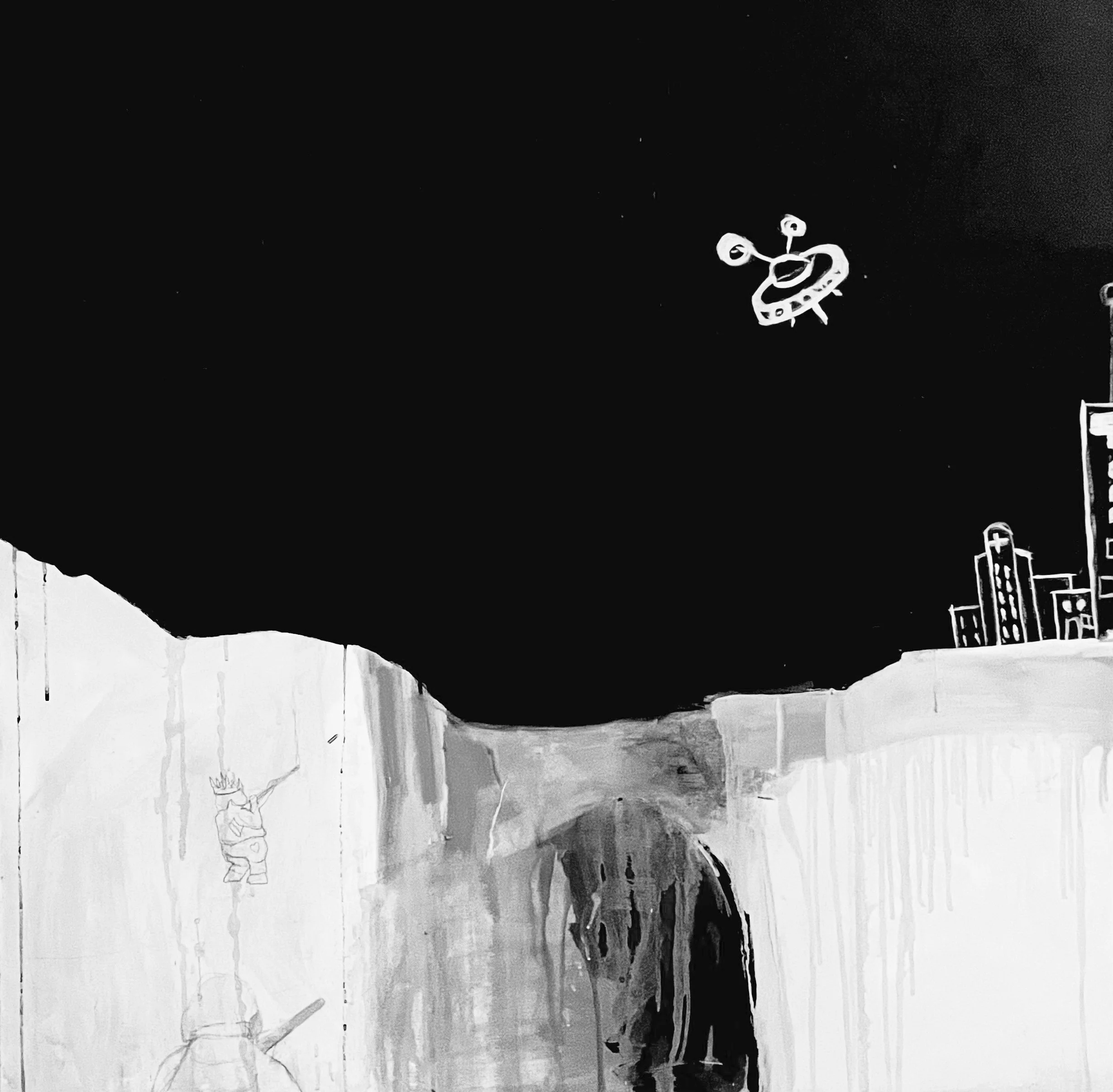 Black and white drawing of a city skyline with a crater, a small astronaut figure on a cliff, and a cartoonish alien spaceship in the sky.