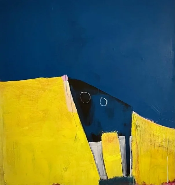 Abstract painting with bold yellow and dark blue sections, featuring some circular and rectangular shapes.