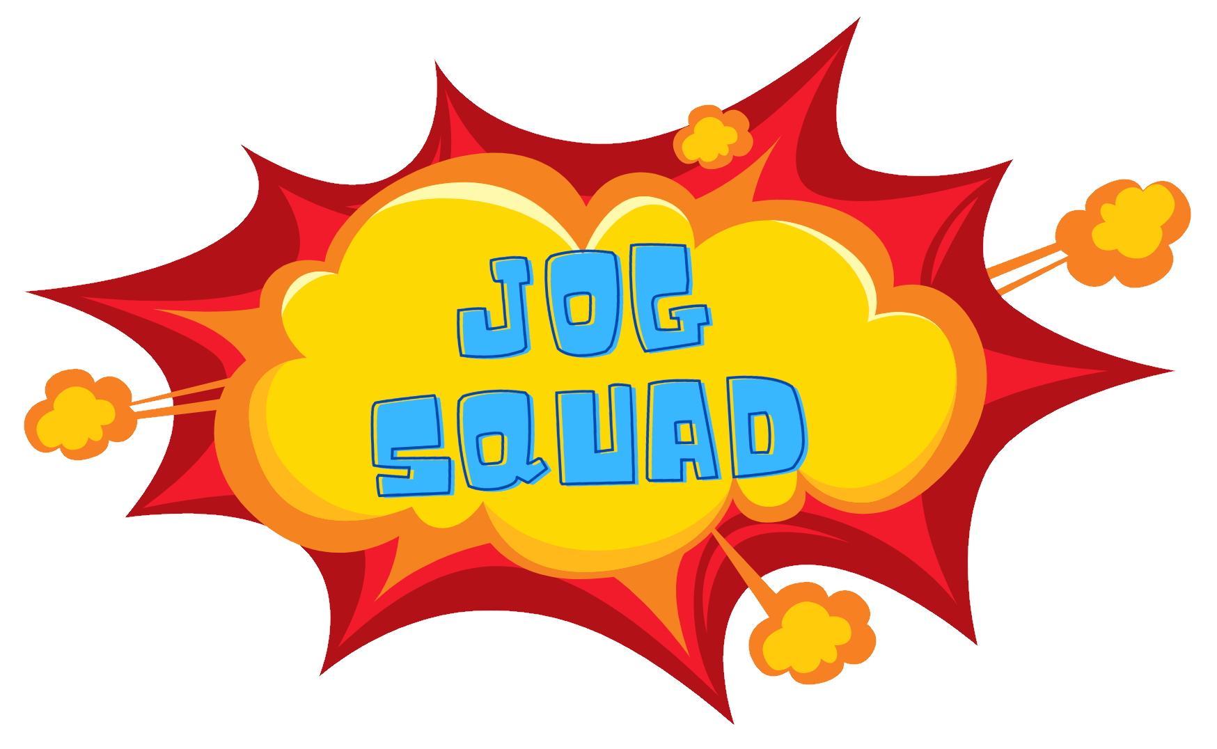 Colorful comic-style explosion graphic with the text 'JOG SQUAD' in bold blue letters in the center.