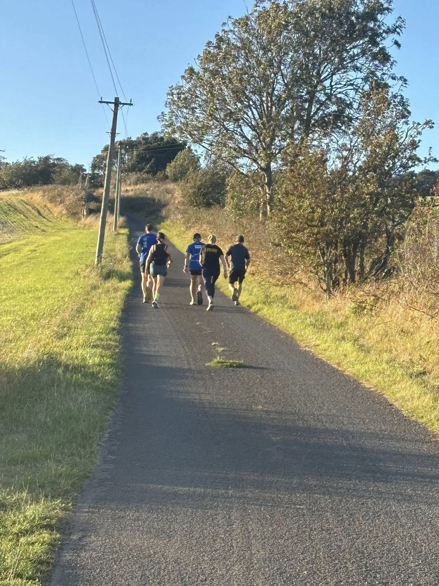 A group of six people, wearing athletic clothing, walk up a paved rural road with trees and power lines on either side under a clear blue sky.