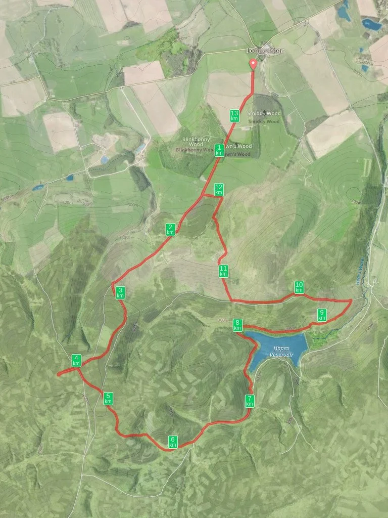 Map showing a hiking trail route around Hopes Reservoir, with markers indicating distances from 1 km to 13 km.