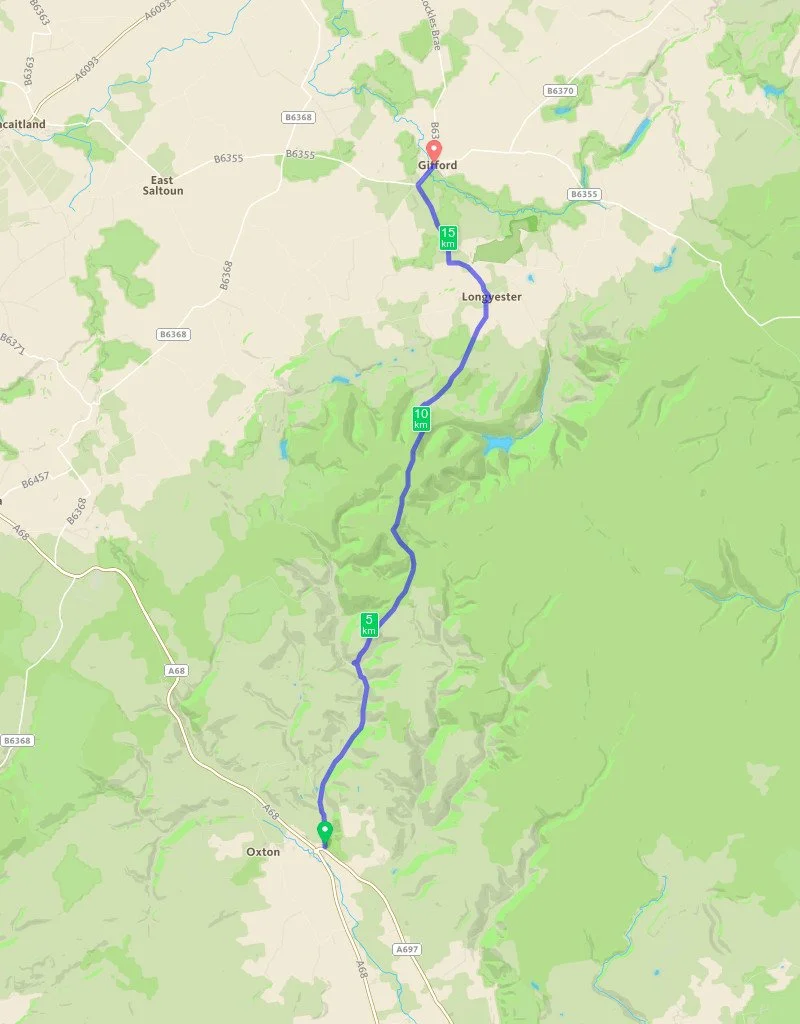 Map showing a route from Oxton to Gifford passing through Longyester, with distance markers for 5 km, 10 km, and 15 km.
