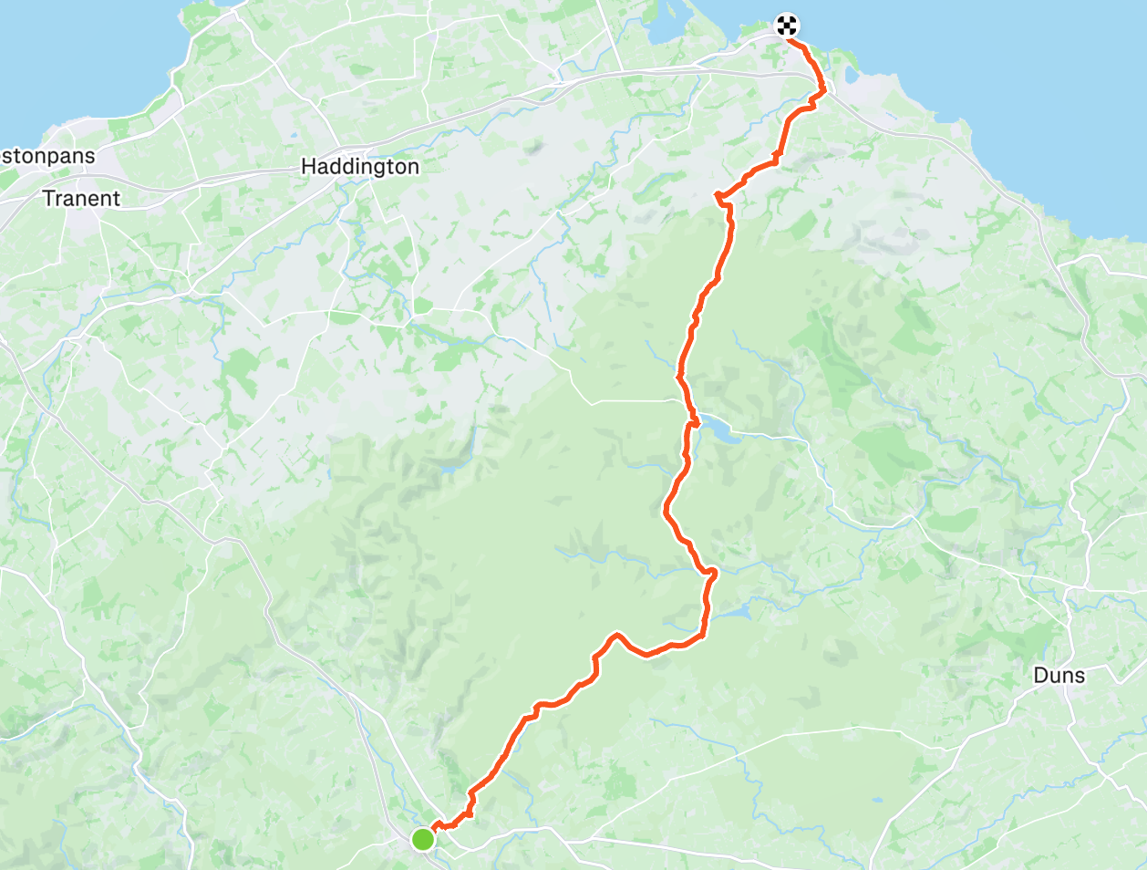 Map showing a route from the south to the north, near a lake, with towns named Duns, Haddington, Tranent, and a coastline in the top right corner.