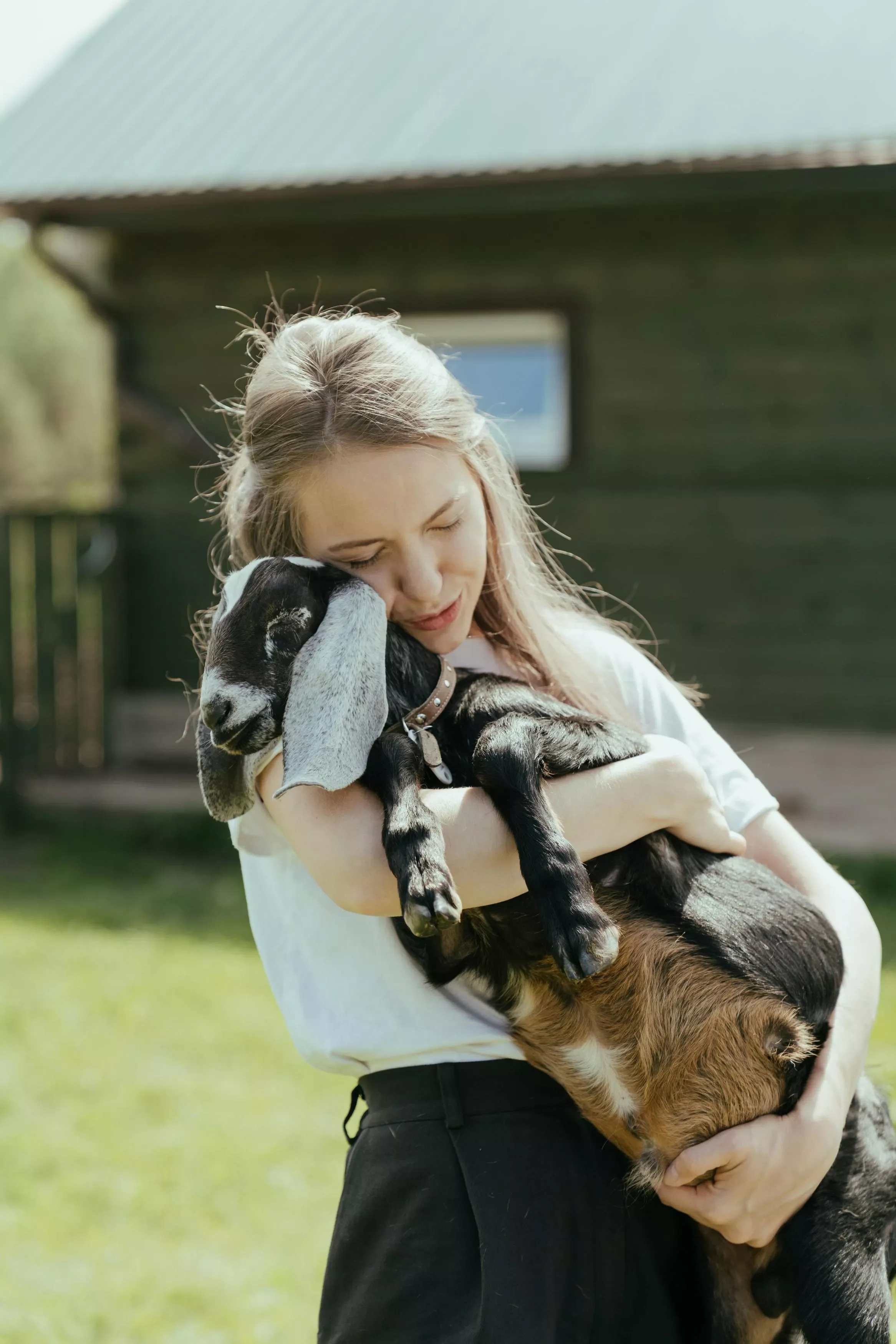 A young woman hugging a black and brown puppy outdoors near a wooden house.