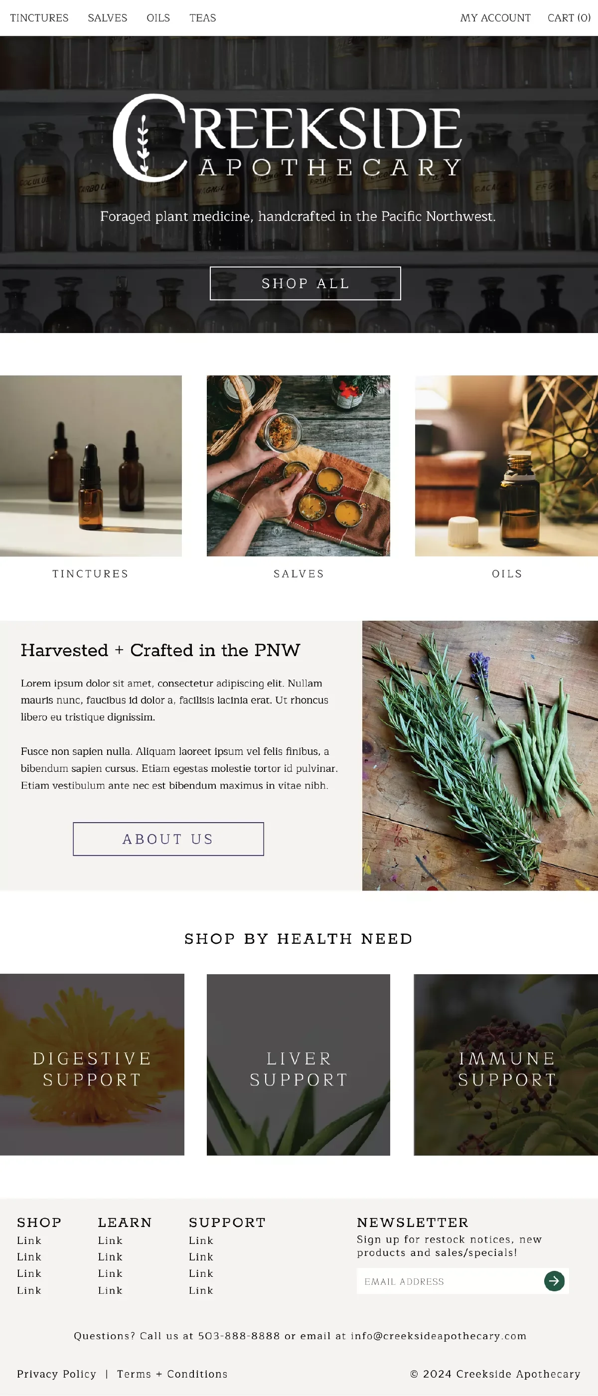 Screenshot of Creekside Apothecary website homepage with navigation menu, logo, product categories, and information about herbal products and health support options.