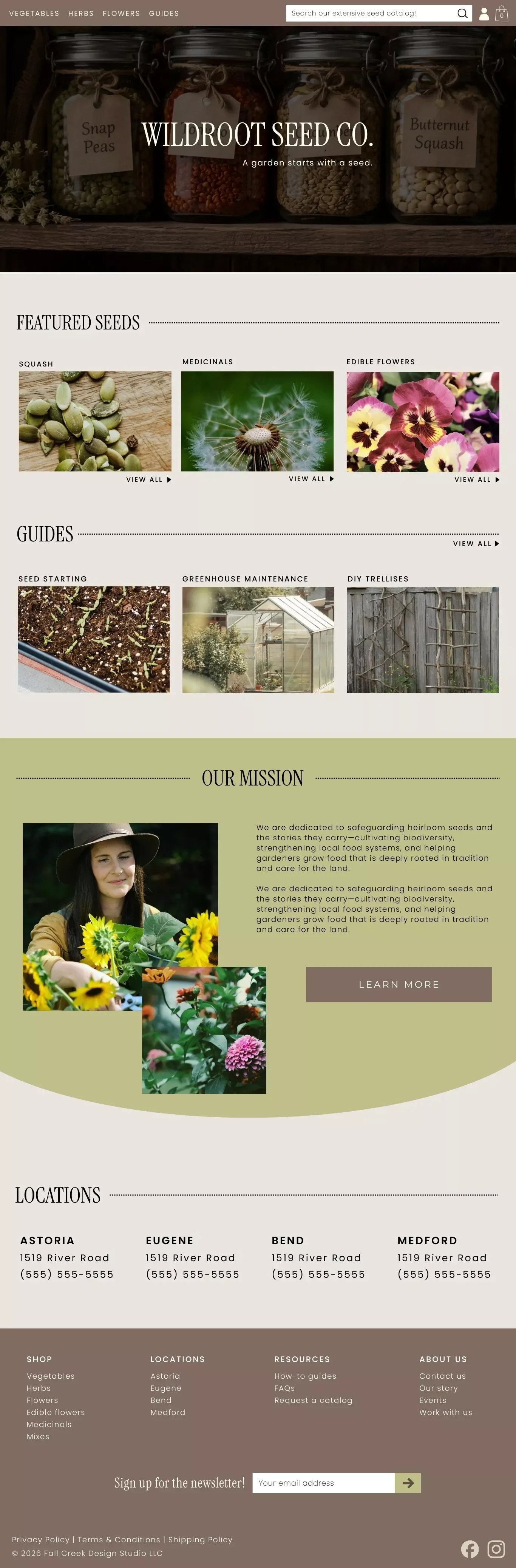 Homepage of Wildroot Seed Co. displaying jars of seeds labeled 'Snap Peas' and 'Butternut Squash'; sections for featured seeds, guides, company mission, locations, and a newsletter sign-up.