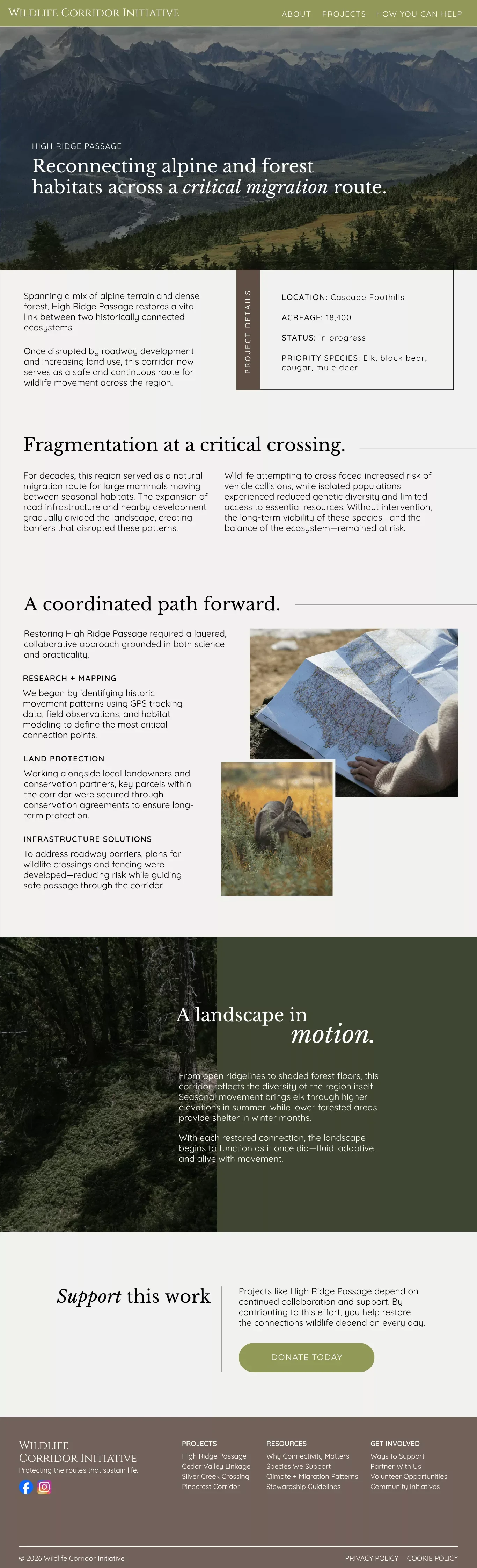 Screenshot of Wildlife Corridor Initiative Project page