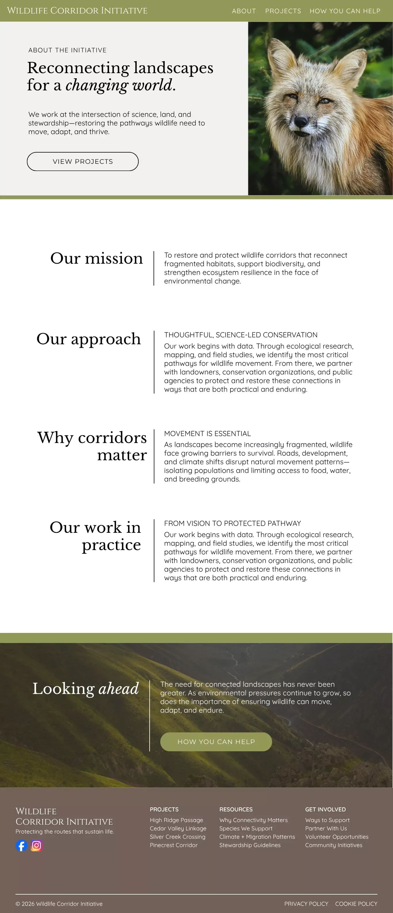 Screenshot of Wildlife Corridor Initiative About Us page