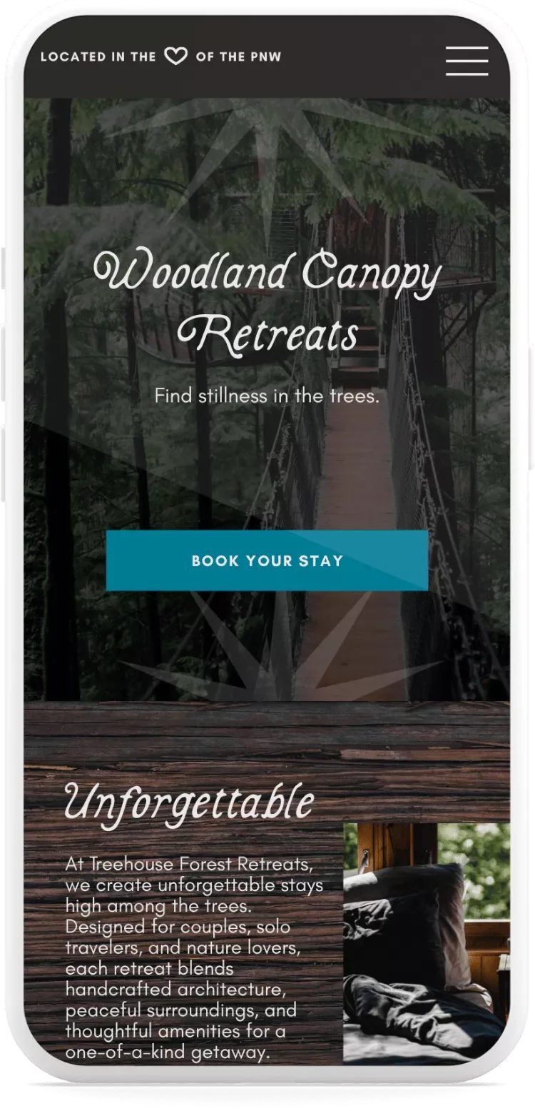Mockup of Woodland Canopy Retreats on mobile screen.