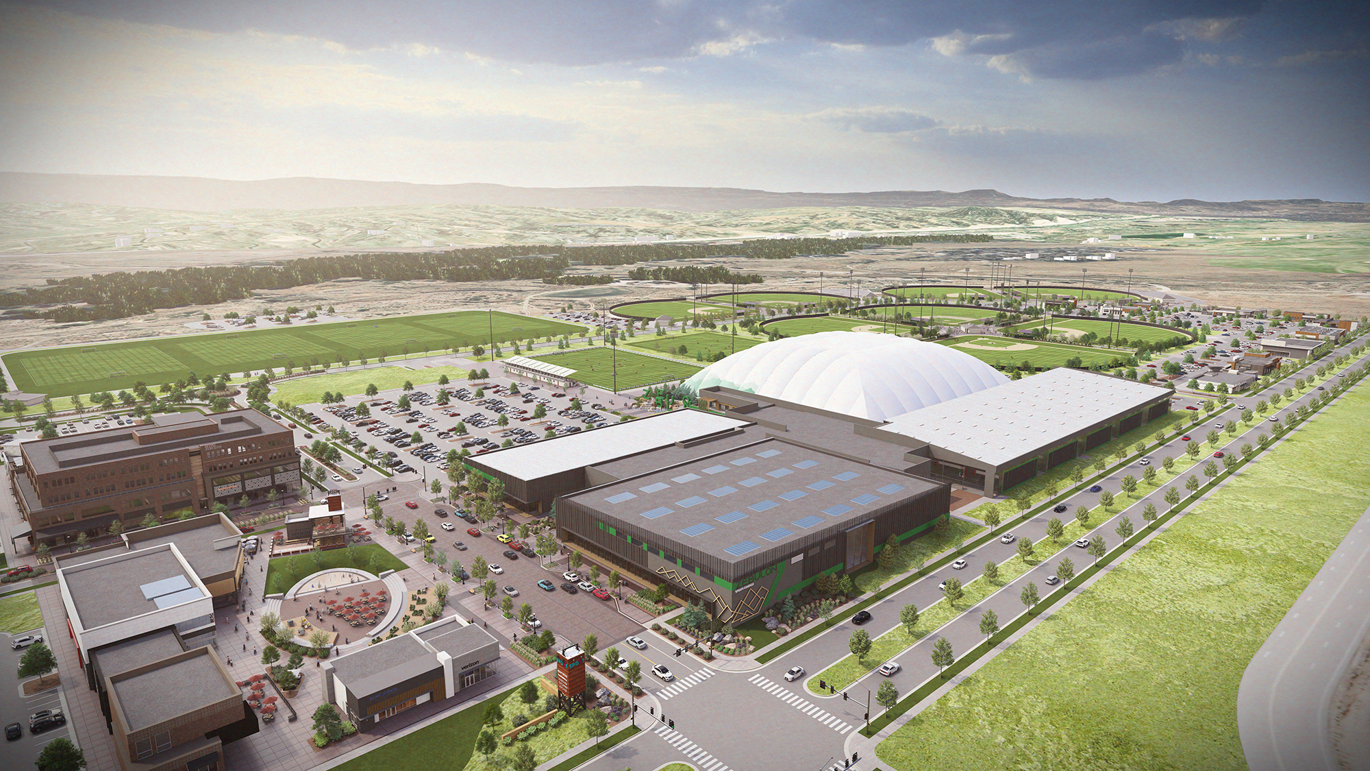 Photorealistic 3D architectural visualization of Zebulon Regional Sports Complex
