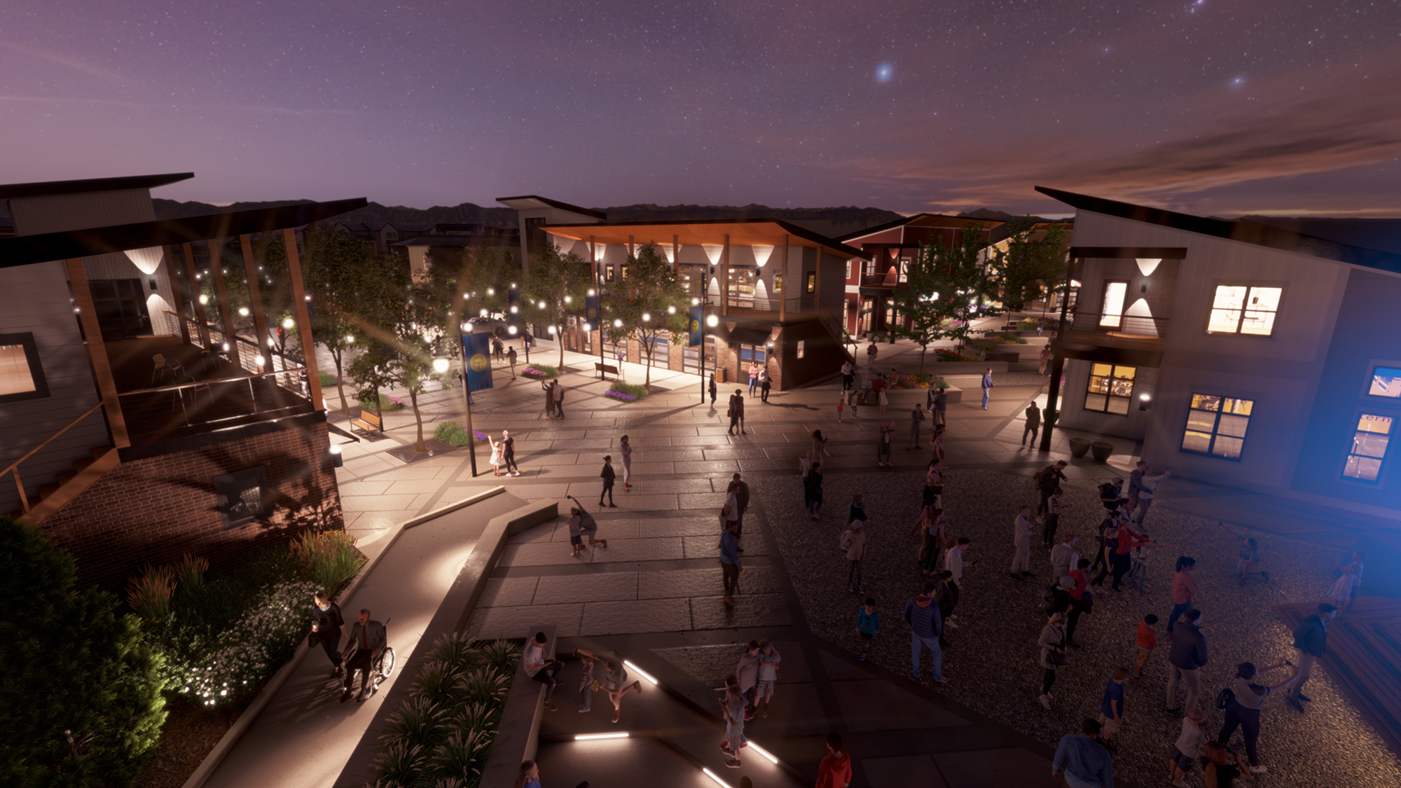 Photorealistic 3D rendering of the main plaza at Erie Town Center, a mixed-use development in Erie, Colorado