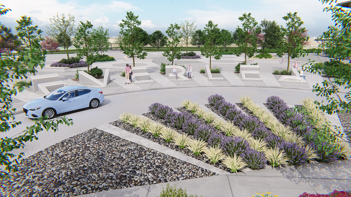 Photorealistic 3D rendering of event center signage