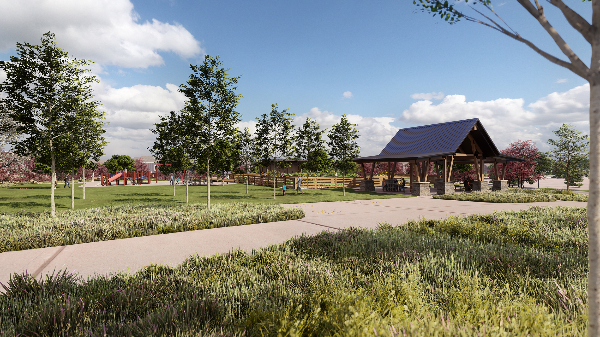 Photorealistic community perspective rendering of Timnath Lakes, a master planned community in Timnath, Colorado