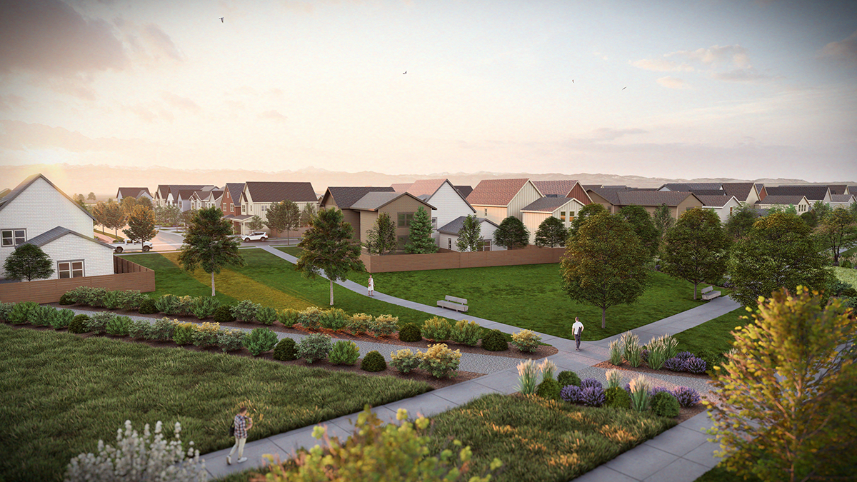 Photorealistic 3D rendering of Strata, a mixed-use development in Dacono, Colorado