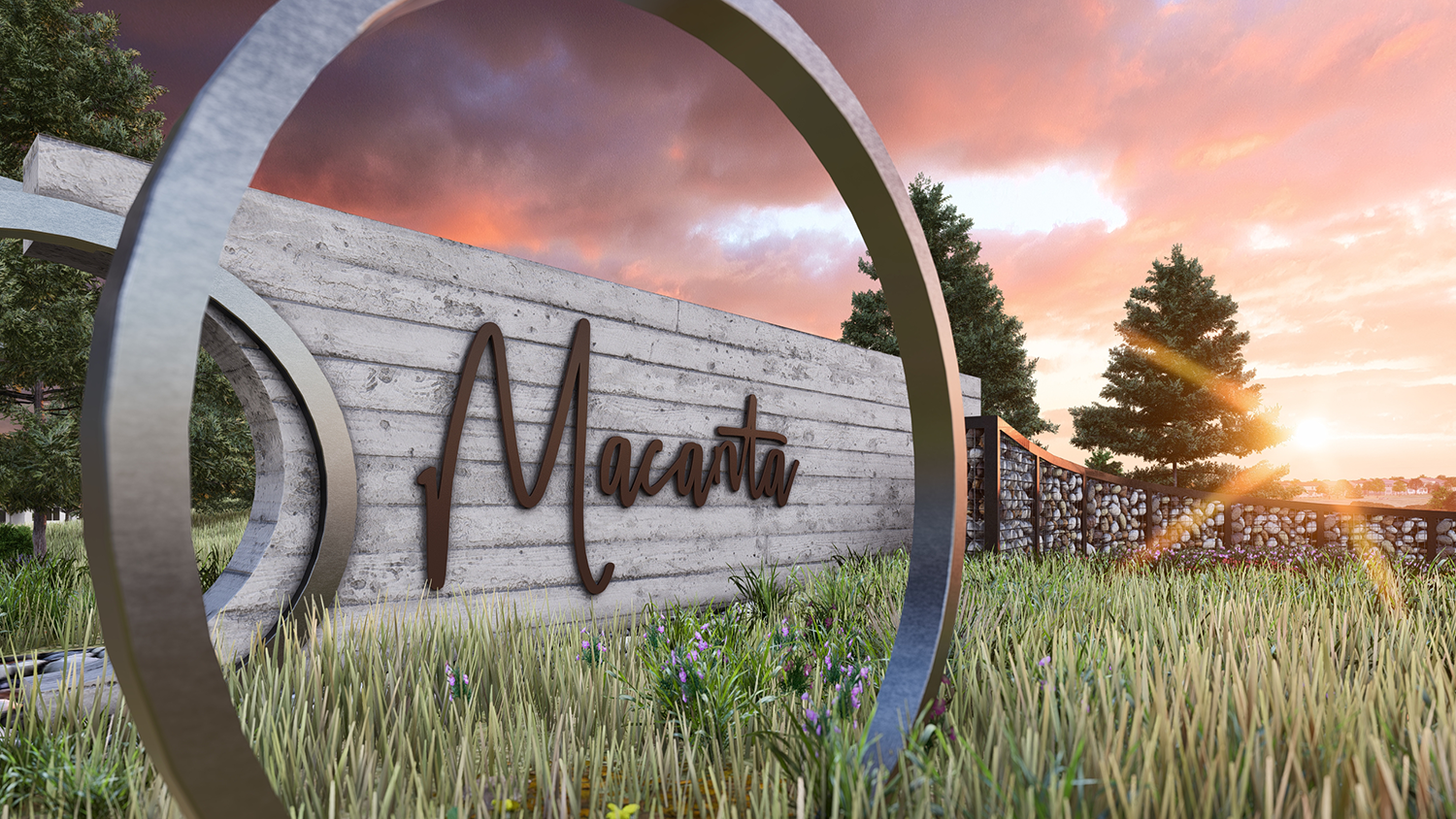 Photorealistic 3D rendering of the entry monumentation at Macanta, a master planned community in Castle Rock