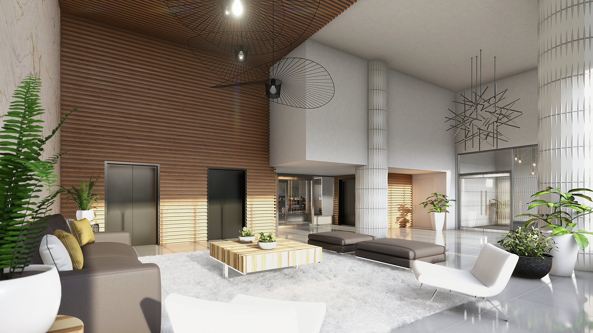 Photorealistic 3D architectural visualization of an office lobby at Ovation
