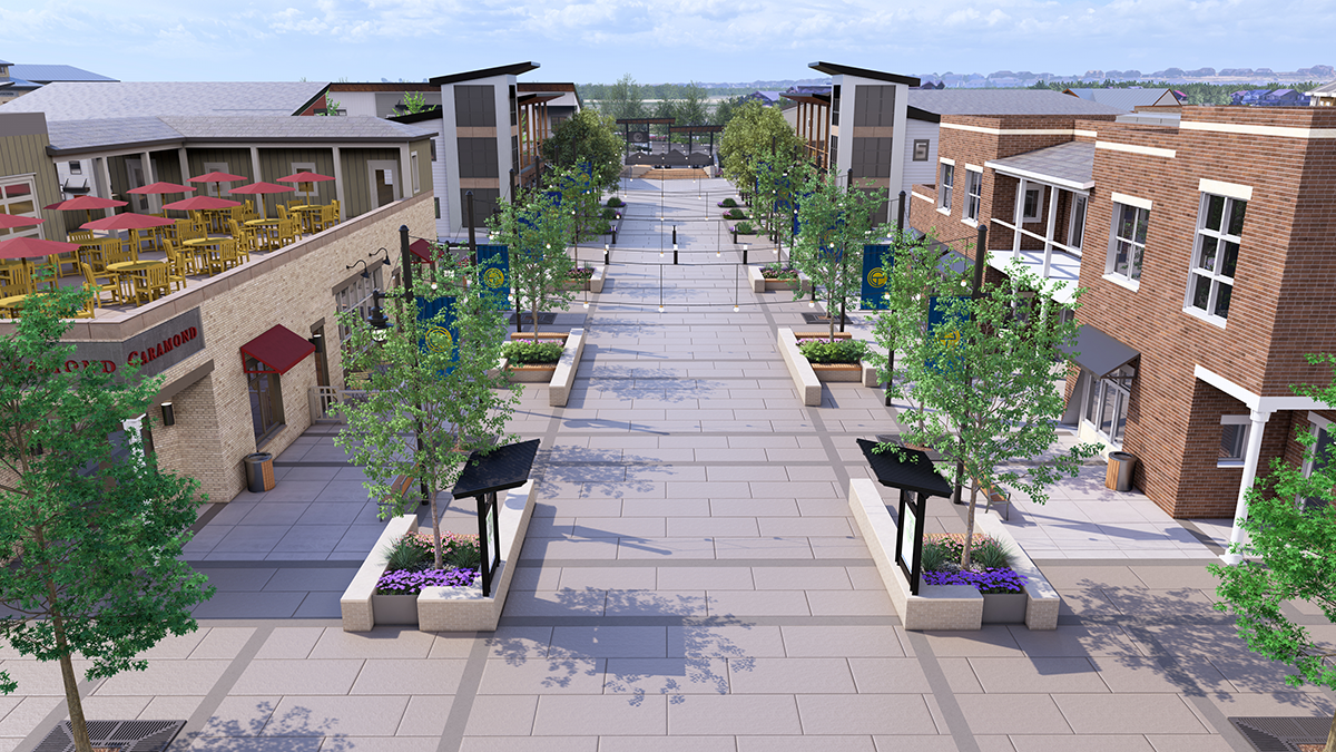 Photorealistic 3D rendering of plaza corridor at Erie Town Center, a mixed-use development in Erie, Colorado