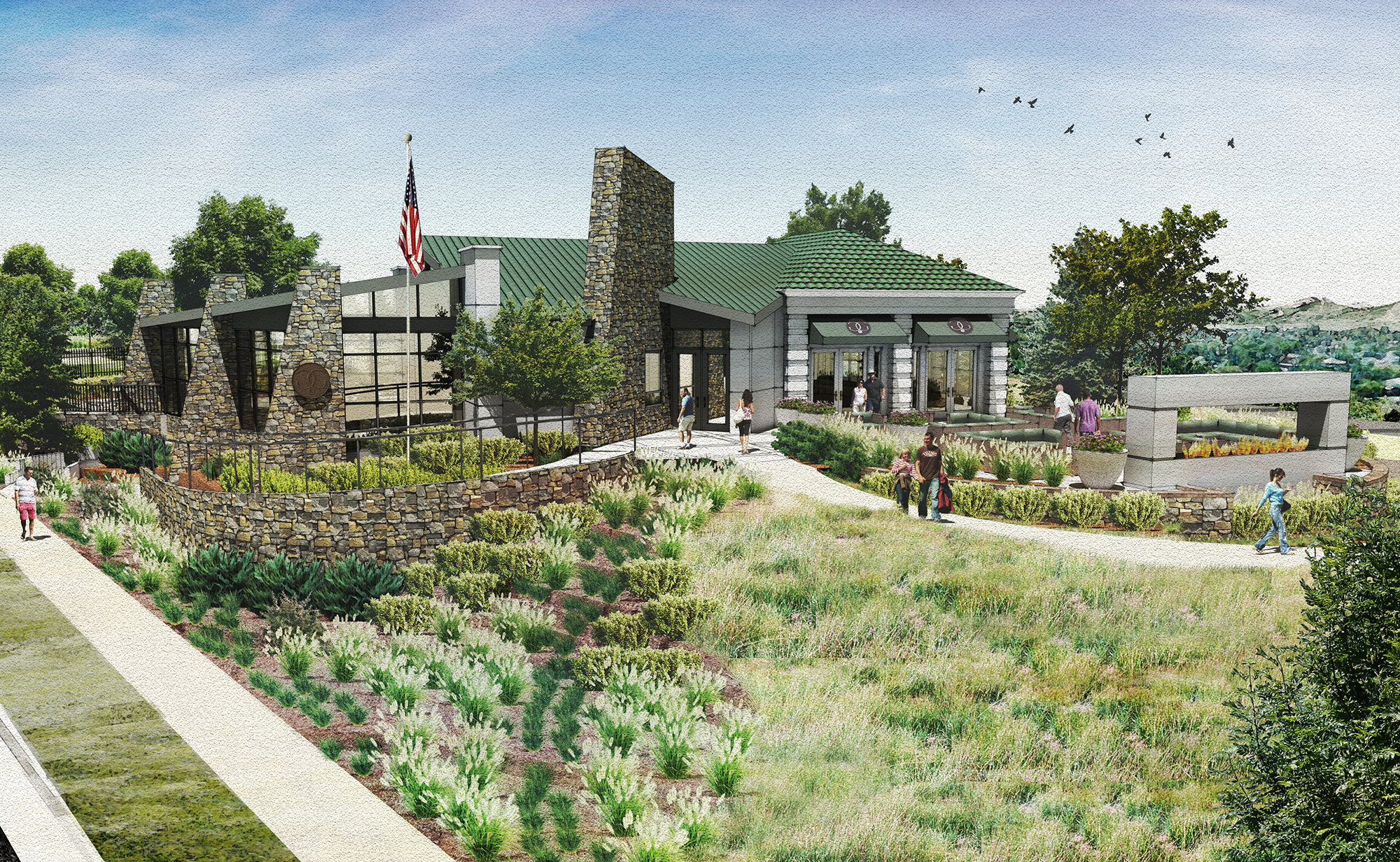 3D architectural rendering of the community center at Green Gables in Lakewood, Colorado