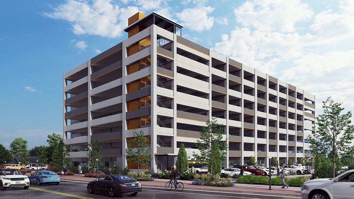 Photorealistic architectural visualization of Fitz500 Parking Garage