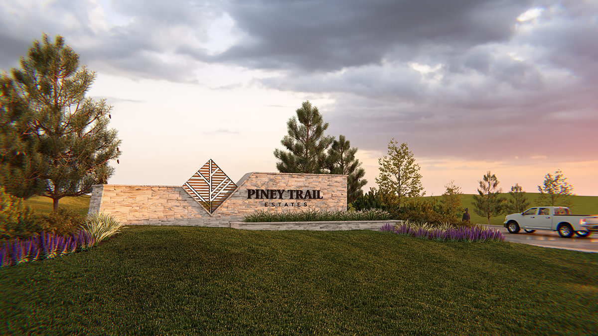 Photorealistic 3D rendering of Piney Trail Estates entry monumentation