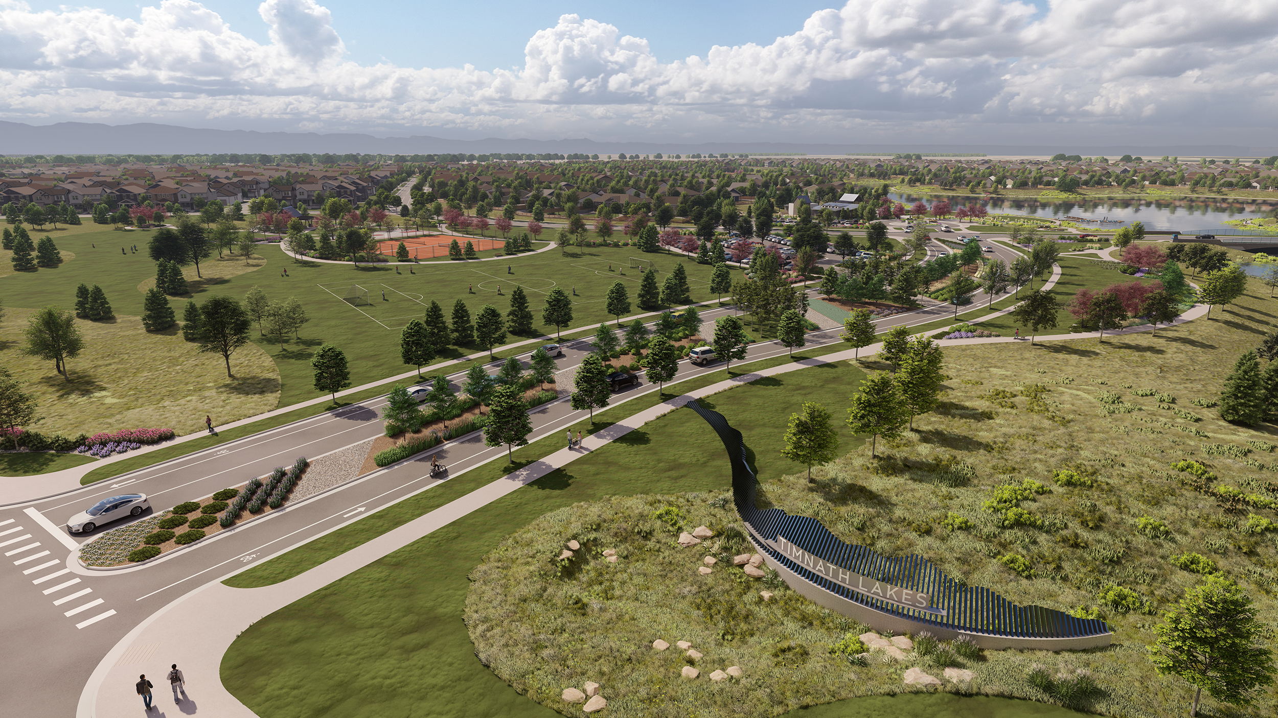 Photorealistic community perspective rendering of Timnath Lakes, a master planned community in Timnath, Colorado