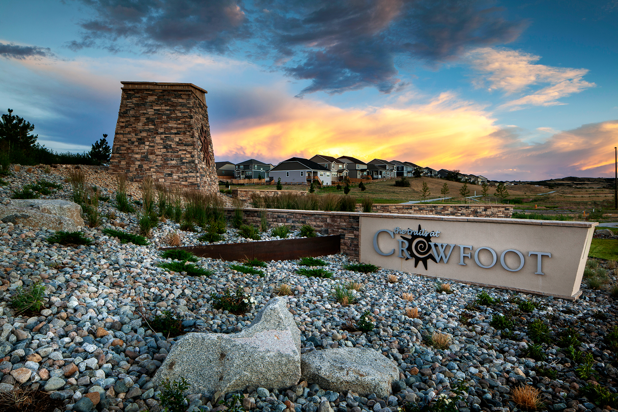 Trails at Crowfoot entry monumentation, a master planned community in Parker, Colorado