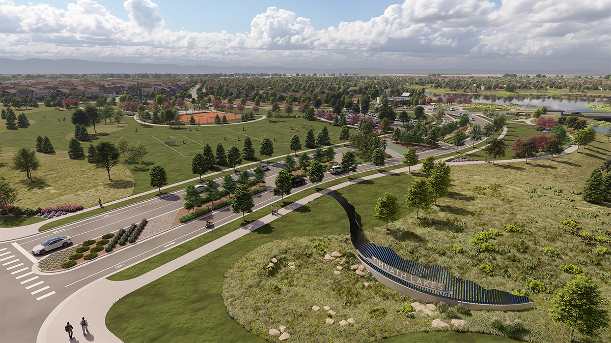 Photorealistic community perspective rendering of Timnath Lakes, a master planned community in Timnath, Colorado