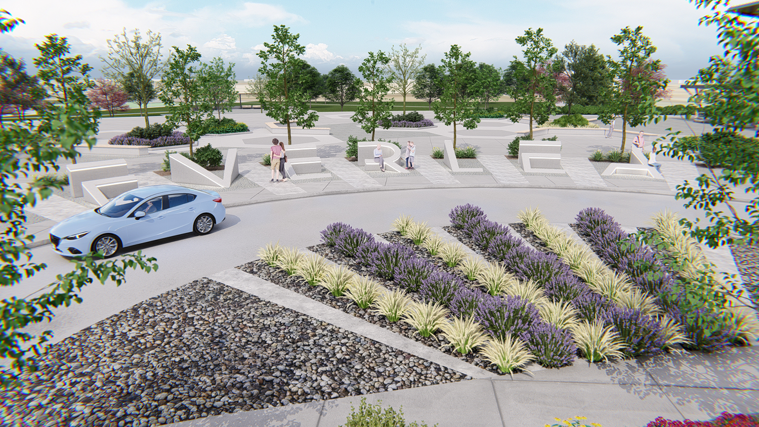 Photorealistic 3D rendering of Everlea event center entry feature