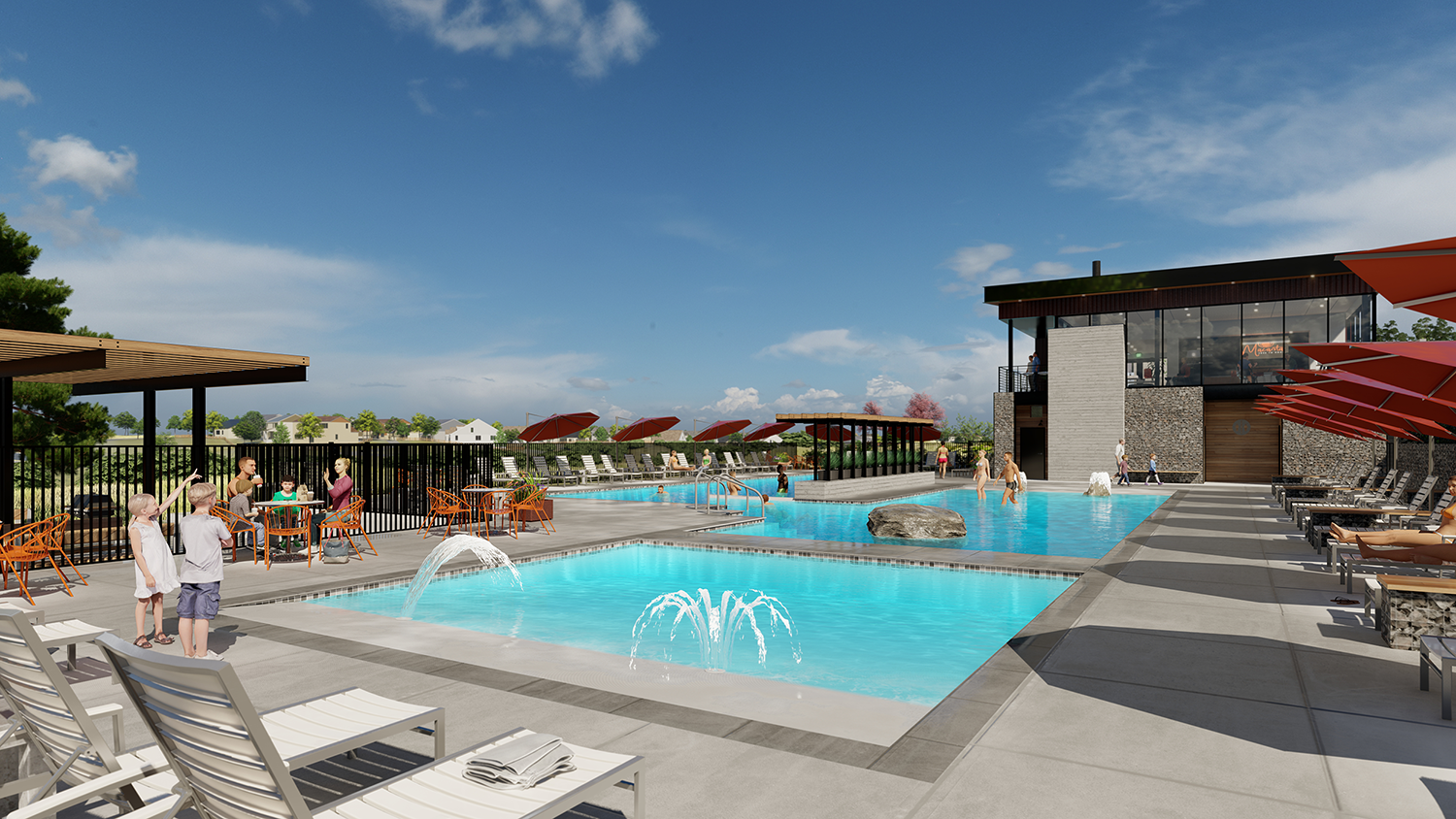 Photorealistic architectural rendering of the Spoke pool at Macanta, a master planned community in Castle Rock