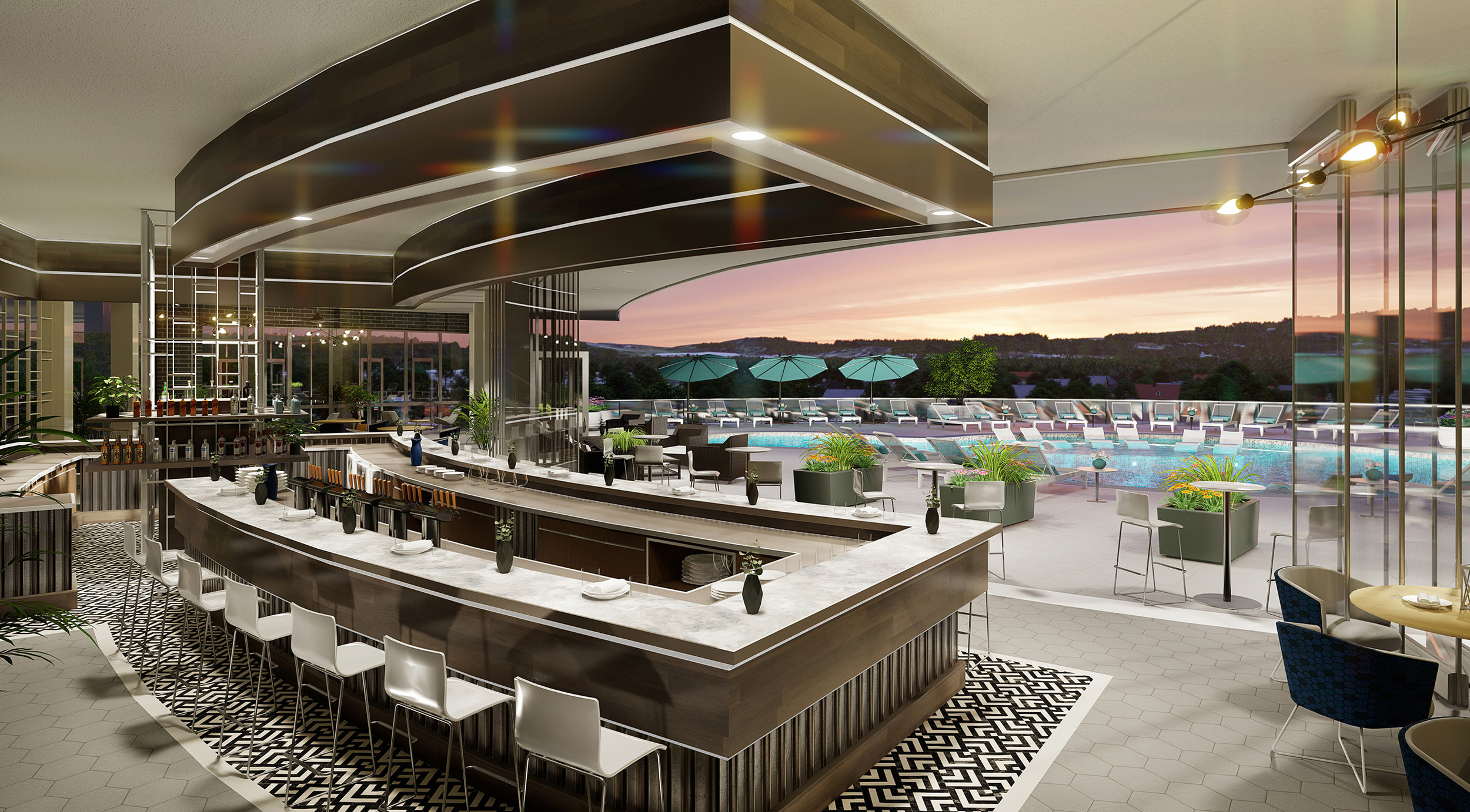 Photorealistic 3D architectural visualization of a bar at Ovation 