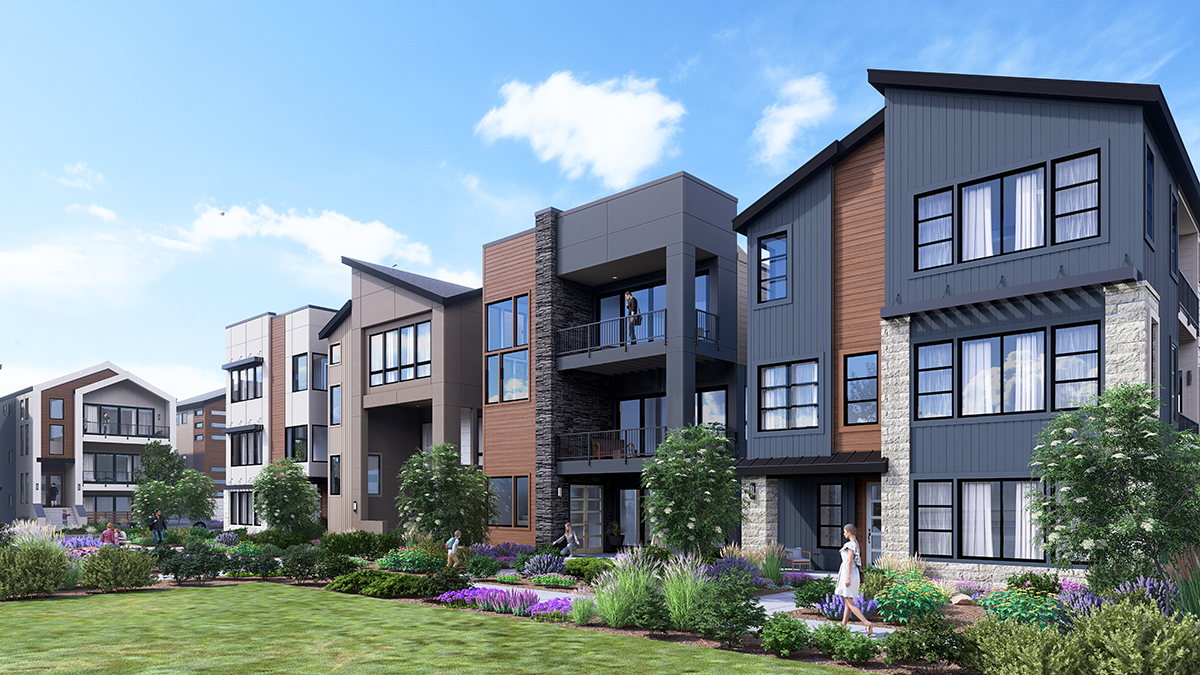 Photorealistic architectural visualization of home elevations at Baseline, a new home community in Broomfield