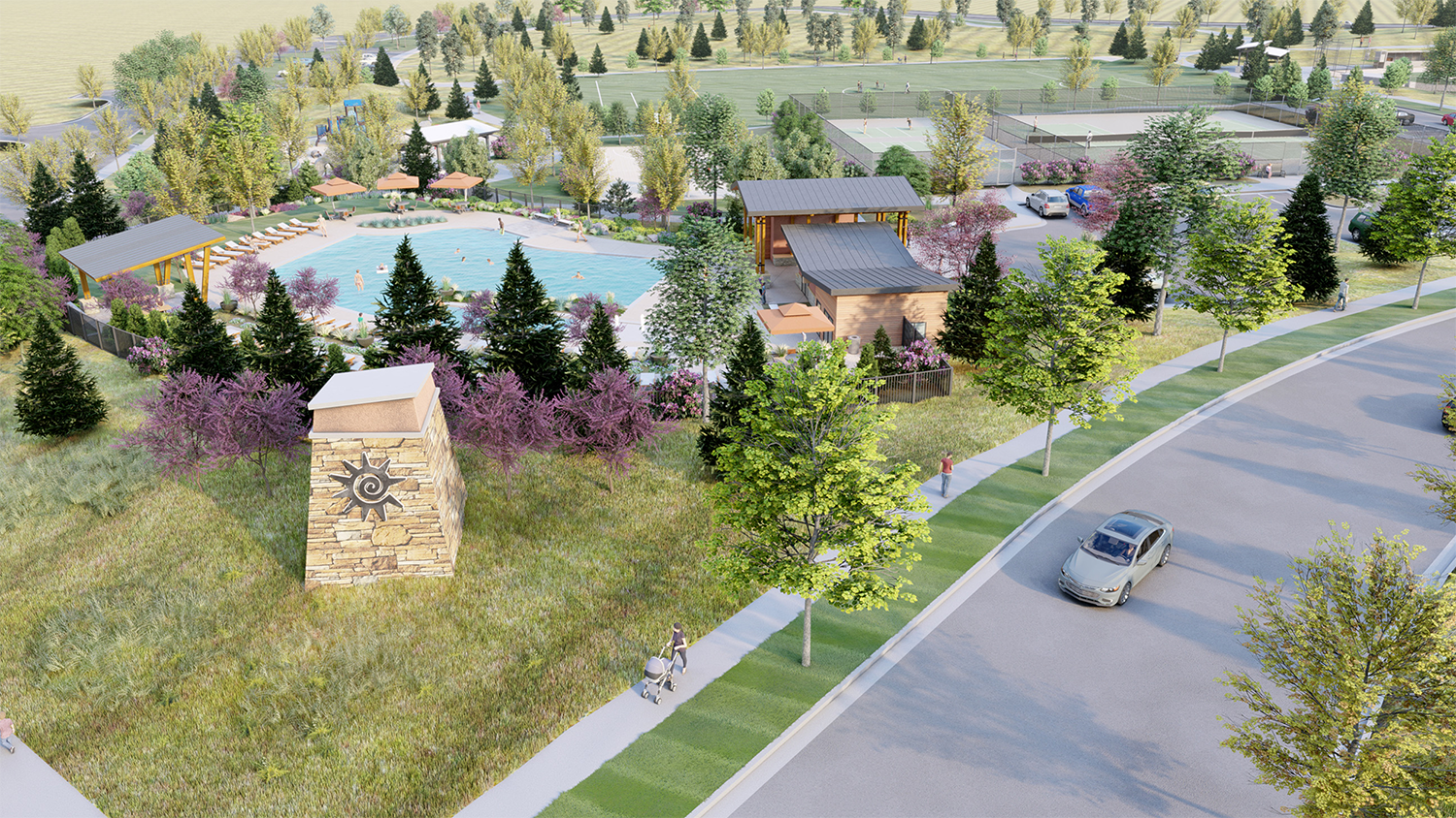 3D architectural rendering of community pool at Trails at Crowfoot in Parker, Colorado