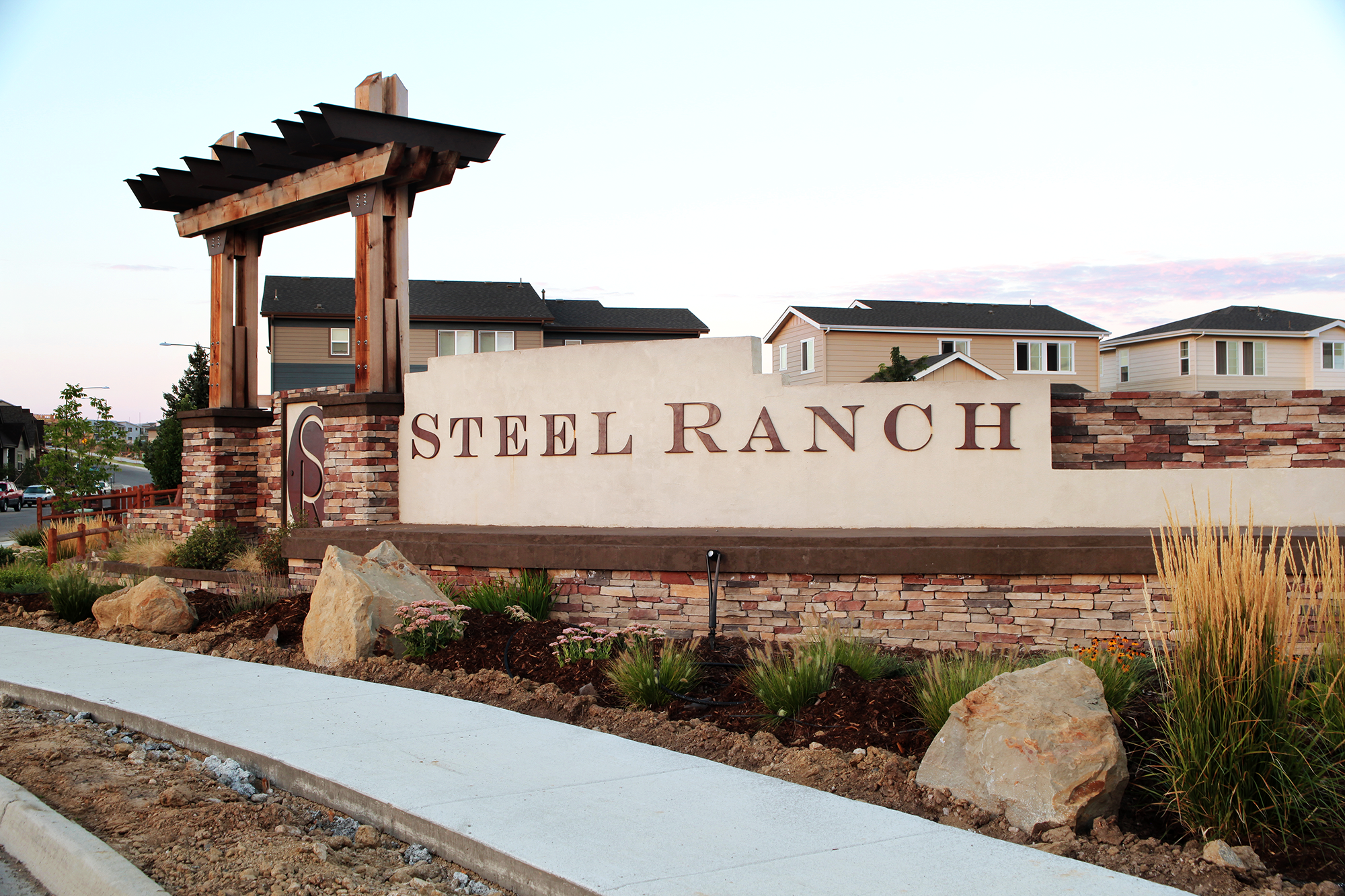 Entry monumentation at Steel Ranch, a mixed-use, residential community in Louisville, Colorado