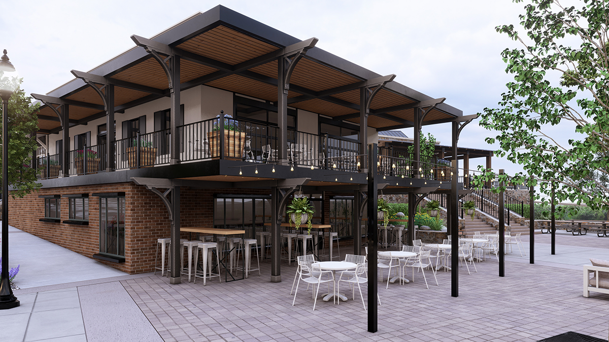 Photorealistic 3D architectural rendering of Kingsland Commons, a mixed-use development in Kingsland, Texas