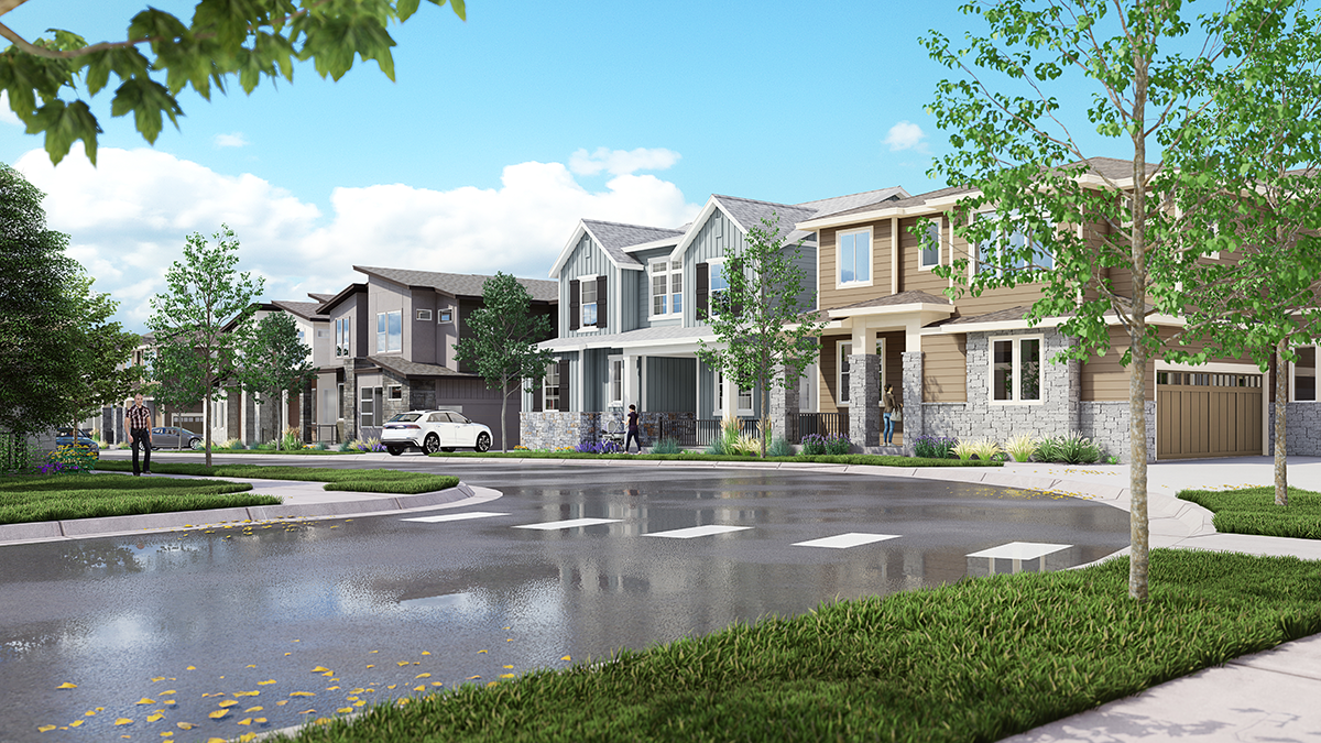 Photorealistic 3D rendering of a residential streetscape