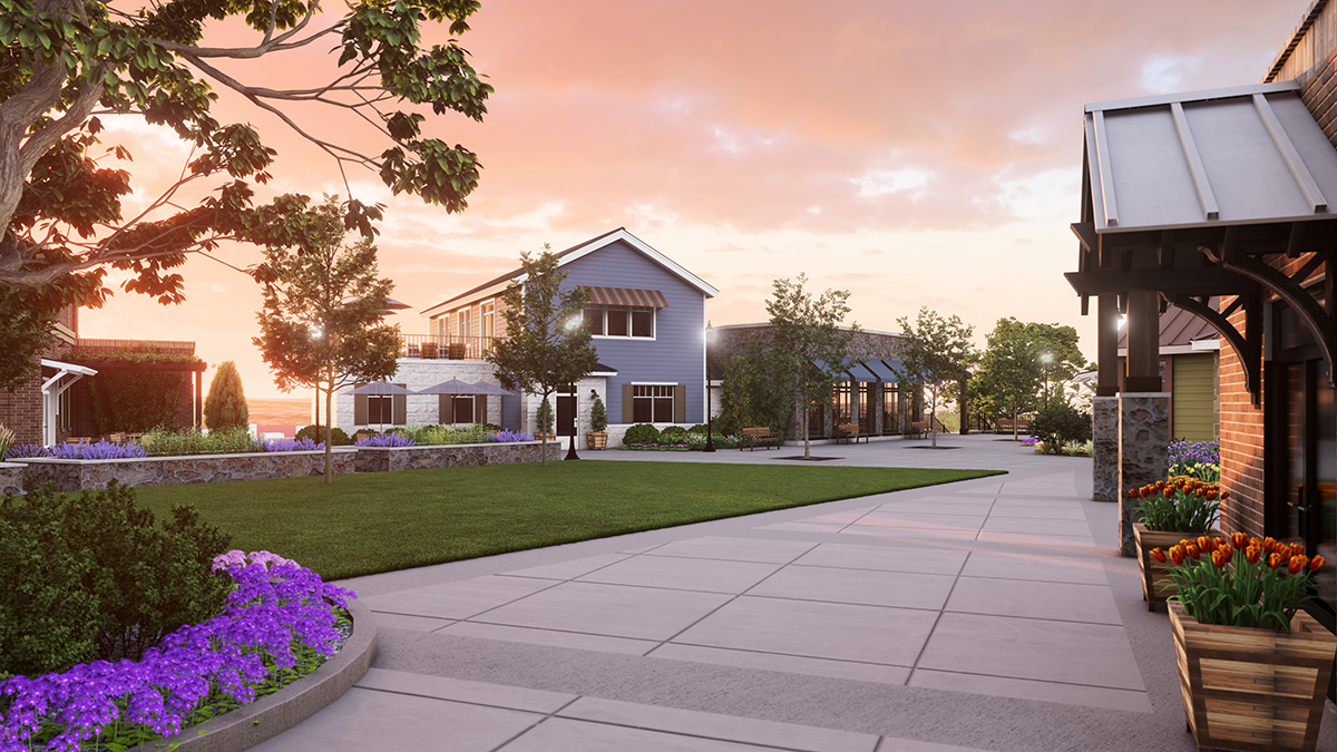Photorealistic 3D architectural rendering of Kingsland Commons Courtyard, a mixed-use development in Kingsland, Texas