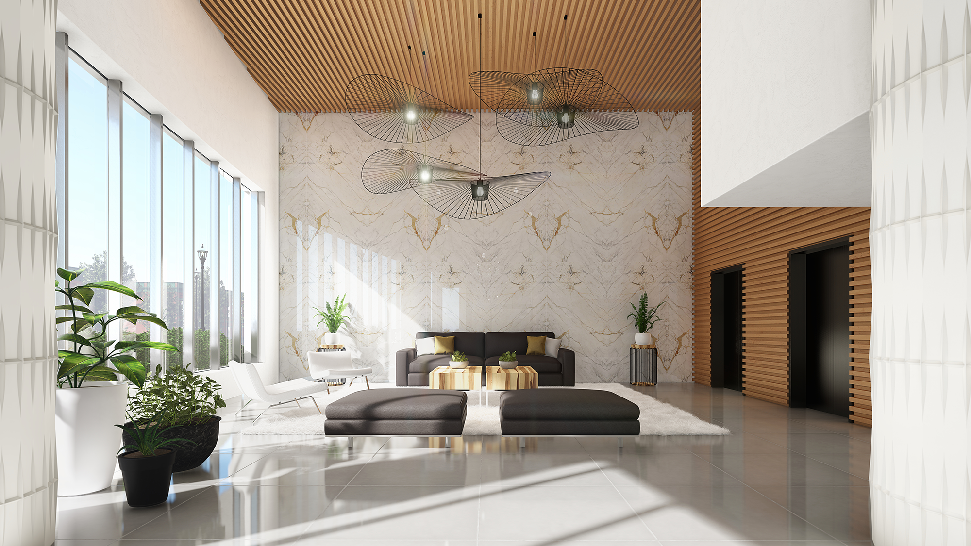 Photorealistic 3D architectural visualization of an office lobby at Ovation