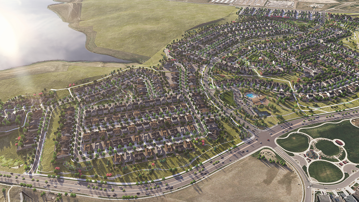 Photorealistic bird's eye view of Trailstone, a master planned community in Arvada