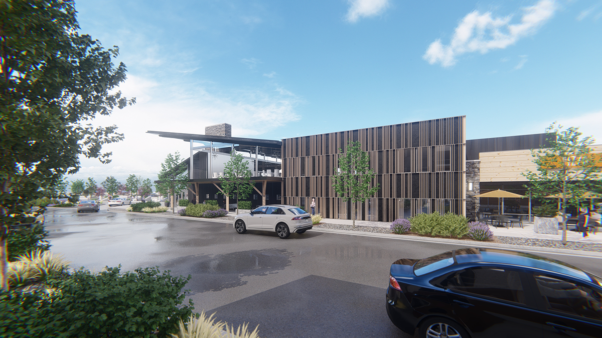 Photorealistic 3D architectural rendering of an event center