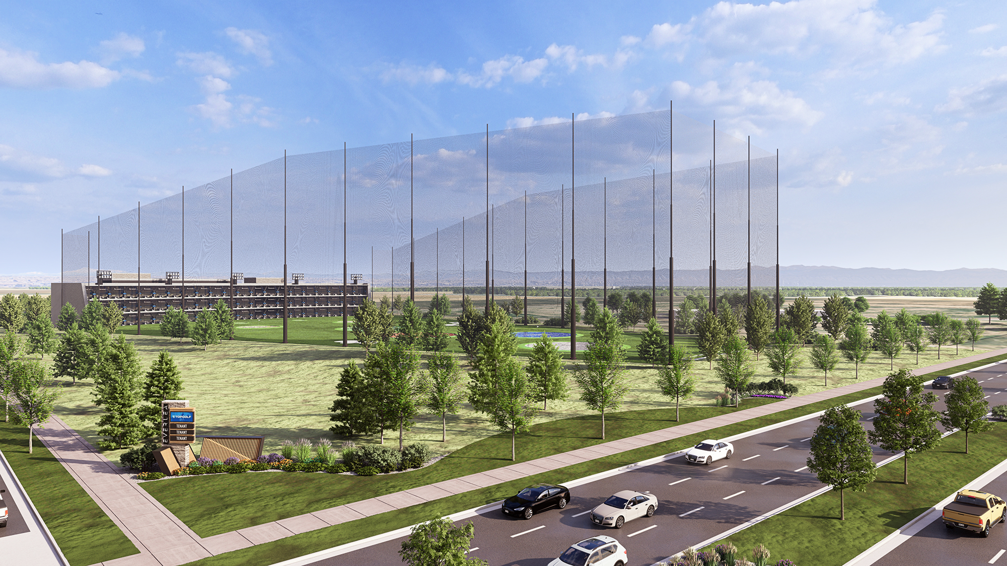 Photorealistic 3D architectural rendering of Top Golf