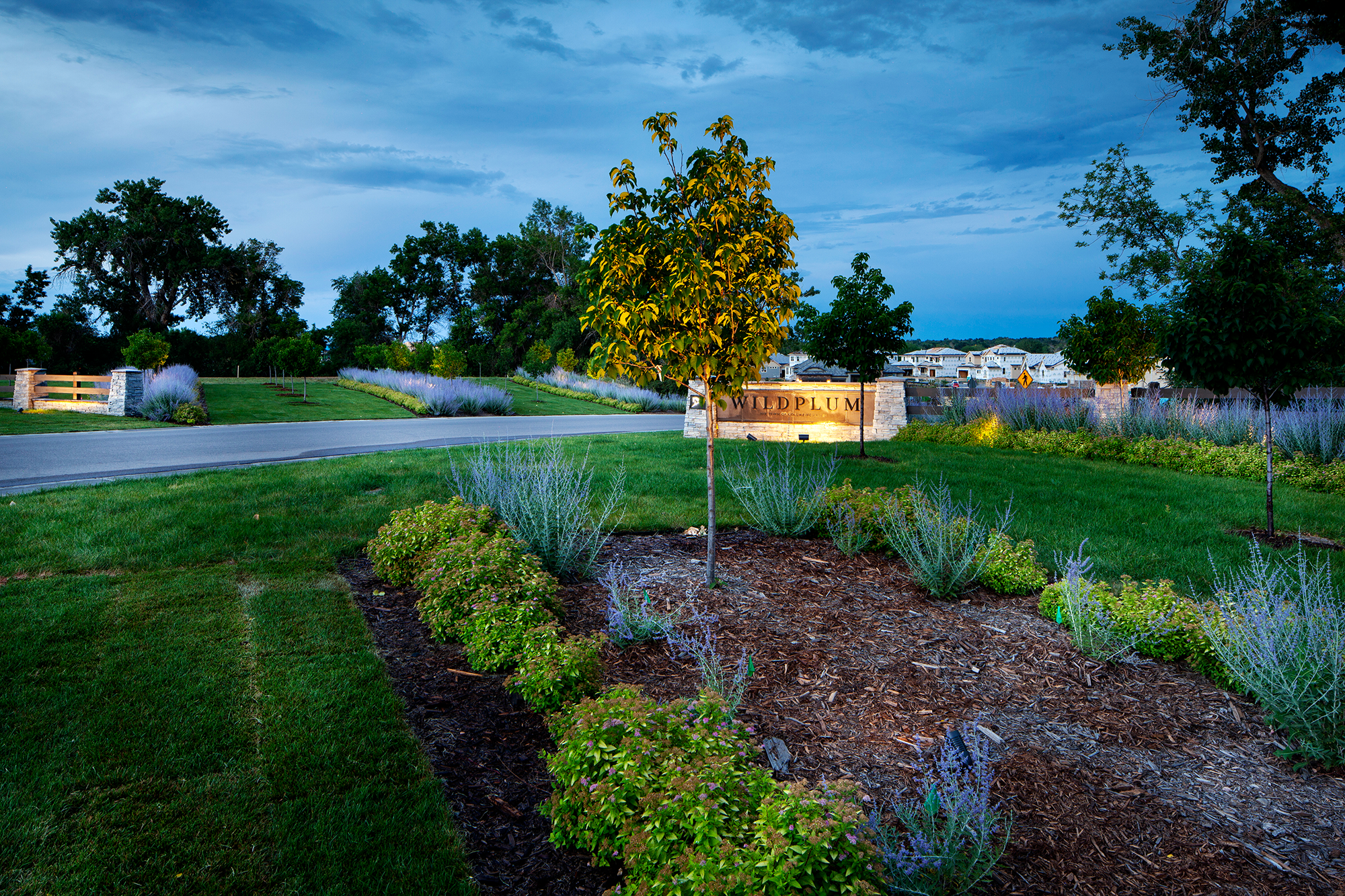 Entry monumentation at Wild Plum, a residential community in Columbine Valley